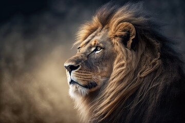 Fototapeta premium A picture of a male lion looking off into the distance. Generative AI
