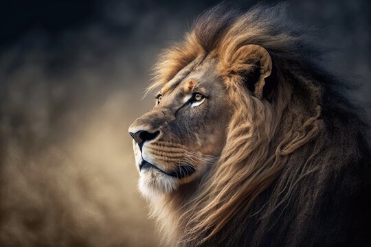 A picture of a male lion looking off into the distance. Generative AI