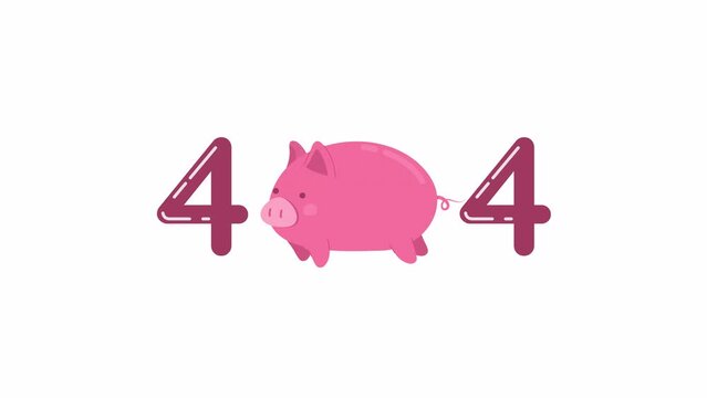 Animated running piggy 404 error. Pink pig at farm. Empty state 4K video footage with alpha channel transparency. Flash message. Color failed loading animation for broken link, web design
