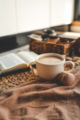 Cup of coffee and macarons, open bible in cozy home interior, good morning concept