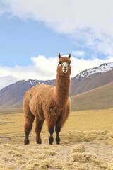 brown colored alpaca with white hair on the face posing on the field calmly