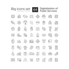 Fototapeta na wymiar Digitalization of public services linear icons set. Provide services online. Digital transformation. Customizable thin line symbols. Isolated vector outline illustrations. Editable stroke