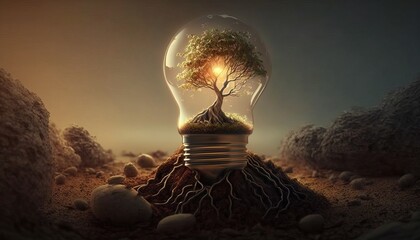 ﻿A lightbulb tree absorbing sunlight to nourish the seeds of a new kind of energy-saving future - AI generation.