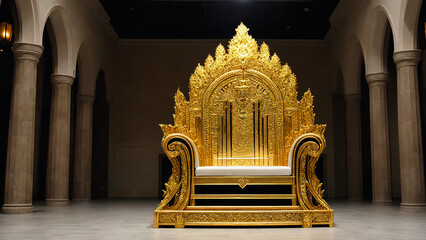 empty royal throne made of decorative gold in gray room with pillars behind it, generative AI