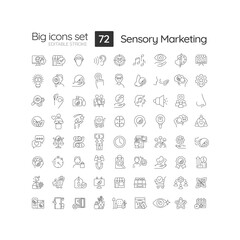 Sensory marketing linear icons set. Appeal to five senses. Business target audience. Product promotion. Customizable thin line symbols. Isolated vector outline illustrations. Editable stroke - obrazy, fototapety, plakaty