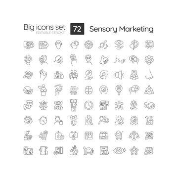 Sensory marketing linear icons set. Appeal to five senses. Business target audience. Product promotion. Customizable thin line symbols. Isolated vector outline illustrations. Editable stroke