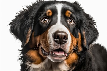 head shot of a young Bernese Mountain Dog that is panting, on a white background. Generative AI