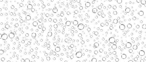 Water bubbles set isolated on white background. Air water bubbles for soda effect, transparent backdrop, icon design, champagne bubbles, texture and wallpaper. Water drops pattern, vector illustration