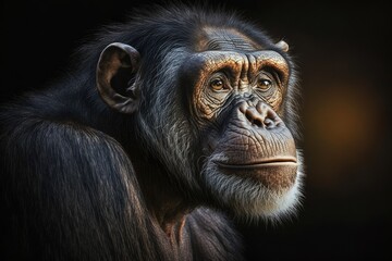 Portrait of a male chimpanzee in light and shadow Chimpanzee Light & Shadow. Generative AI