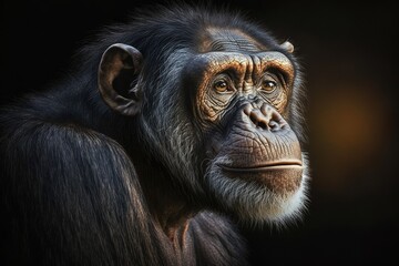 Naklejka premium Portrait of a male chimpanzee in light and shadow Chimpanzee Light & Shadow. Generative AI