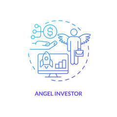 Angel investor blue gradient concept icon. Engaging sponsors. Tech startup financing option abstract idea thin line illustration. Isolated outline drawing. Myriad Pro-Bold font used