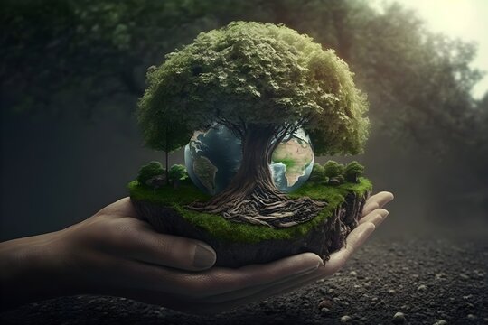 Earth Day or environment protection, Hands protect forests that grow on the ground and help save the world, Generative AI