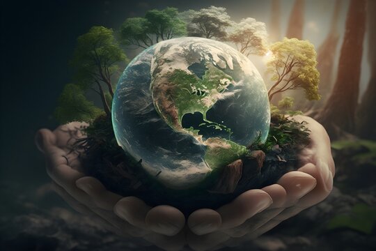 Earth Day or environment protection, Hands protect forests that grow on the ground and help save the world, Generative AI