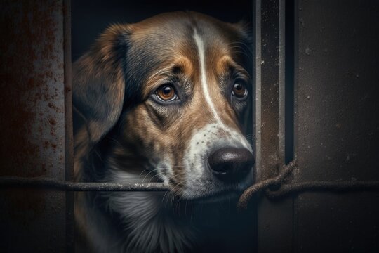A sad picture of a stray dog that was left alone at an animal shelter. The best friend of a human is looking for a forever home. Animal rescue concept. Generative AI