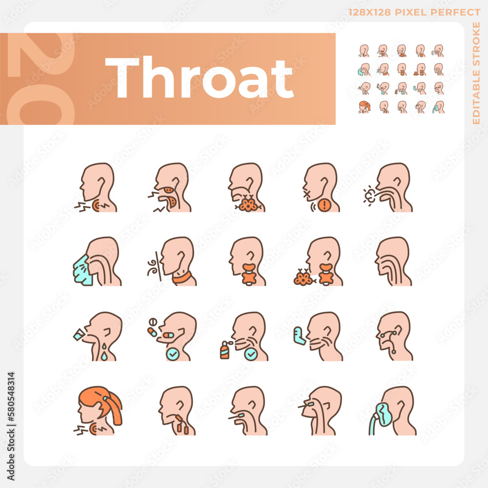 Sticker Throat pixel perfect RGB color icons set. Diseases diagnosis and treatment. Awareness about sickness causes. Isolated vector illustration. Simple filled line drawing. Editable stroke