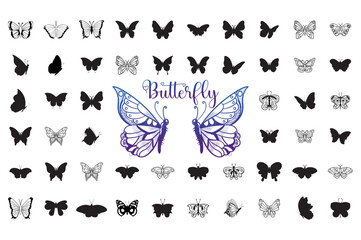 Butterfly silhouette set. Vector monochrome illustration Decorative design elements.