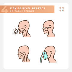 Throat treatment pixel perfect RGB color icons set. Infections spreading prevention. Patients with diseases. Isolated vector illustration. Simple filled line drawing. Editable stroke