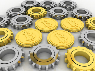 3d illustration bitcoin sign currency in gold coin with gear