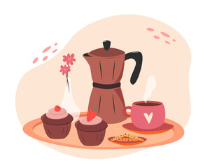 coffee elements. coffee maker, pot, coffee maker, cup, cake, flowers. vector illustrator
