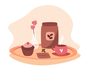 coffee elements. coffee maker, pot, coffee maker, cup, cake, flowers. vector illustrator