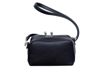 Black leather bag on a white background. Fashionable women's accessories.