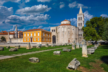Zadar, Croatia - The Roman ruins and the Forum of the old town of Zadar with the Church of St....