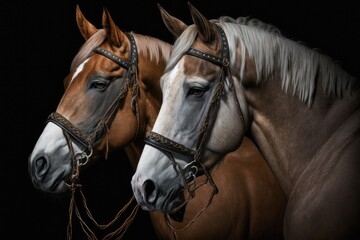 Portrait of two horses in bridles on a black background. Generative AI