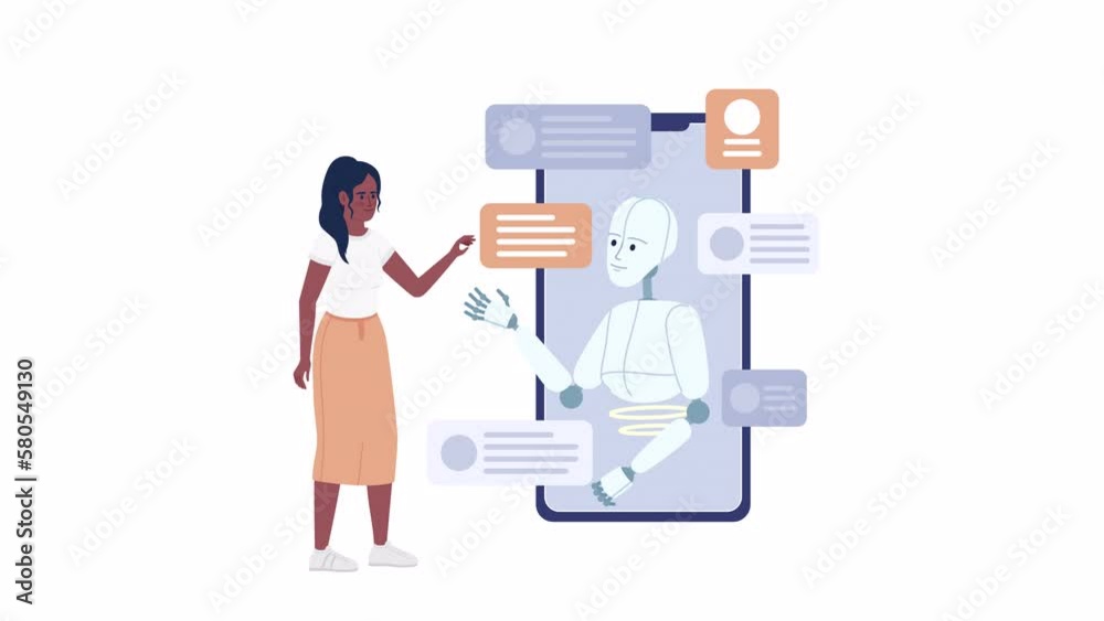 Poster animated ai virtual assistant. office worker using application program. 2d cartoon flat character 4k