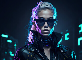 An appealing woman in futuristic garb is depicted in a cyberpunk painting. Generative AI.