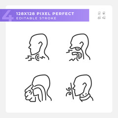 Throat diseases types pixel perfect linear icons set. Early diagnostics of dangerous problem. Hazard prevention. Customizable thin line symbols. Isolated vector outline illustrations. Editable stroke