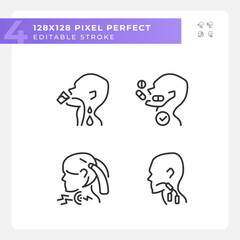 Throat sickness pixel perfect linear icons set. Children and adults diseases treatment. Healthcare materials. Customizable thin line symbols. Isolated vector outline illustrations. Editable stroke