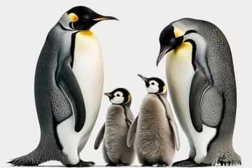 Fototapeta premium Emperor penguins and their young, standing alone against a white background. Help save Antarctica. Generative AI