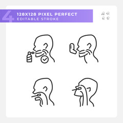 Throat examination and inhalation pixel perfect linear icons set. Disease diagnostic. Medical service. Customizable thin line symbols. Isolated vector outline illustrations. Editable stroke