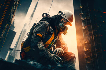 welder on skyscraper construction site while working at height. Ai generative