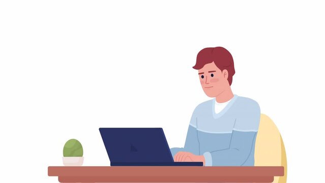 Animated man typing on laptop. Freelance work at home. Freelancer, writer career. Flat character animation white background with alpha channel transparency. Color cartoon style 4K video footage