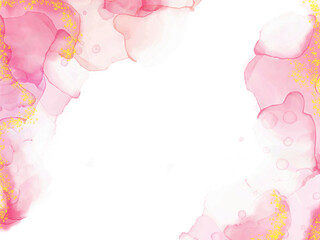 Blush pink watercolor fluid painting vector design card. Dusty rose and golden marble geode frame. Spring wedding invitation. Petal or veil texture. Dye splash style. Alcohol ink.Isolated and editable © Kham