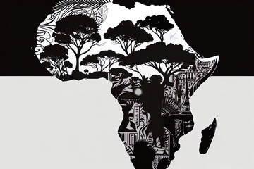 A graphic of the outline of the African continent around it. graphics representing different African cultures or traditions. Generated by AI - obrazy, fototapety, plakaty