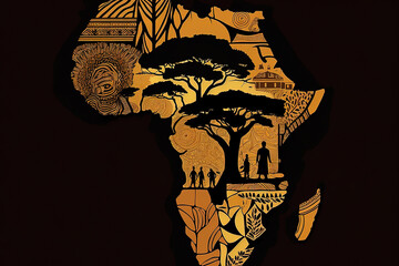 A graphic of the outline of the African continent around it. graphics representing different African cultures or traditions. Generated by AI