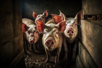 Pigs inside on a farm yard waiting to be fed. pigs in the pen. Portrait animal. Generative AI