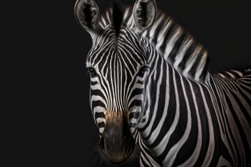 Fototapeta na wymiar Portrait of a zebra with a black background. Generative AI