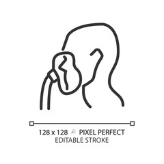 Oxygen mask pixel perfect linear icon. Intensive care equipment. Emergency air for respiratory system. Thin line illustration. Contour symbol. Vector outline drawing. Editable stroke