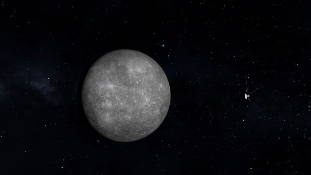 Space probe approaching planet Mercury. 3D rendering - Powered by Adobe