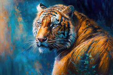 The painting is of a tiger. Original oil painting. The tiger is bright and full of color. Generative AI