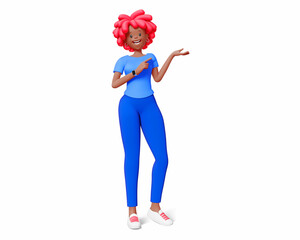 3d illustration of happy business woman with red hair isolated on white color background. 3d render design of woman character stand and show hand