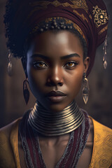 A stunning African model wearing traditional African clothing with a famous African landmark as the backdrop. Generated by AI
