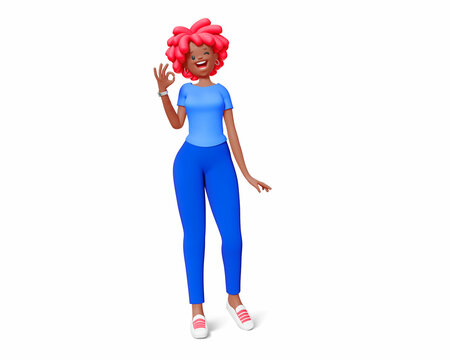 3d illustration of happy business woman with red hair isolated on white color background. 3d render design of woman character stand wave hand
