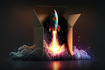 Rocket illustration taking off from a cardboard box, black background, colorful. Generative AI