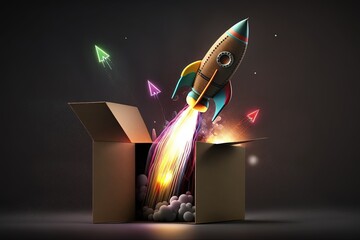 Rocket illustration taking off from a cardboard box, black background, colorful. Generative AI
