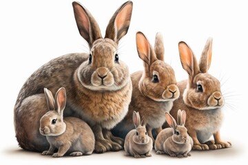Fototapeta premium Portrait of a cute mother rabbit and her four babies, isolated on a white background. Family idea about a pet animal. Generative AI