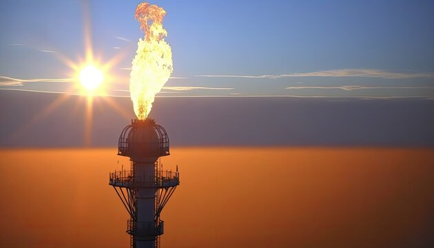 Aerial view to gas flare stack of petroleum refineries sunset background, flare pit tower for gas combustion natural gas processing, outdoor industrial flare boom, generative AI